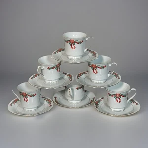 Poinsettia Nastri 6 Tazzine e Piattini Caffè Tè Natale Bianco Rosso Verde Oro - Foto 1 di 13