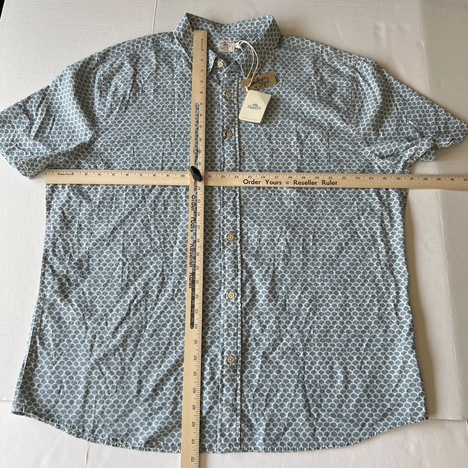 Faherty Stretch Playa Short Sleeve Shirt Midnight Fish Scale Blue Men's XXL