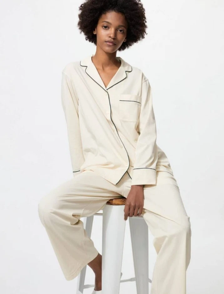 UNIQLO AIRism Women's Cotton Pajamas Long Sleeve ( Off White / Navy )  XS-3XL - Image 1 of 1