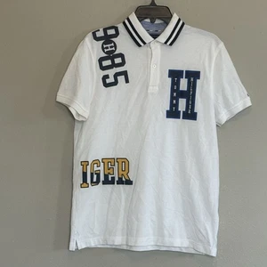 Tommy Hilfiger Shirt Size M White Ivory Monotype Rugby Crest Spellout 1990s Y2K - Picture 1 of 6