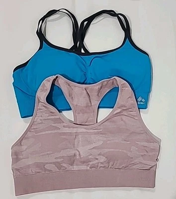 Lot 2 Reebok Strappy Mesh Stretch Sports Bras Teal Gray & Pink Mauve Camo Size L - Image 1 of 4