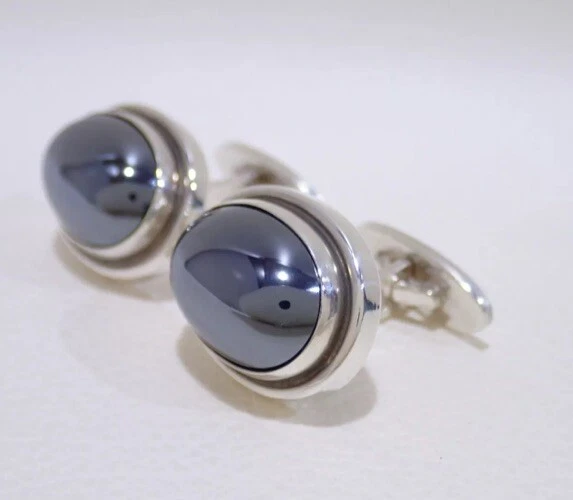 Georg Jensen Cabachon 44A Gemelos de Hematita Esterlina Empaquetados Caja de Terciopelo Negro Foto 1 de 4