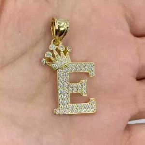 Lab Created Diamond 2Ct Crown "E" Letter Initial Pendant 14K Yellow Gold Plated - Picture 1 of 5