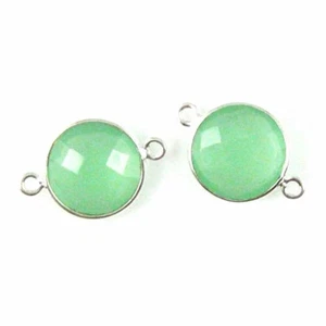 Bezel Gem Links -Sterling Silver -Faceted Coin Shape -Prehnite Chalcedony-2pcs - Picture 1 of 2