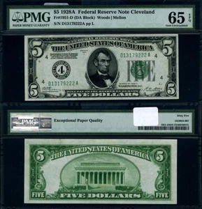 FR. 1951 D $5 1928-A Federal Reserve Note Cleveland D-A Block Gem PMG CU65 EPQ - Picture 1 of 3