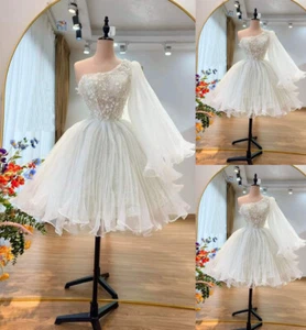 Mini Short Wedding Dresses One Shoulder Beading Above Knee Romantic Bridal Gown - Picture 1 of 13