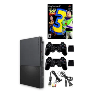 GENERALÜBERHOLT Sony PlayStation 2 PS2 schmal - schwarz - 2 neue drahtlose Controller + - Bild 1 von 2