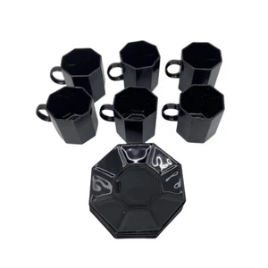 Arcoroc Octime Black Glass Octagon Coffee Mugs Cups & Saucers France Set of 6 - Bild 1 von 6
