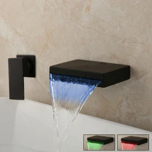 LED Black Wall Mount Bathroom Basin Sink Mixer Tap Waterfall Spout Single Handle - Picture 1 of 9