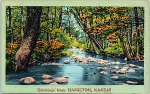 1960s KS Postcard Greetings From Hamilton Kansas Trees Over Rock Stream Scenic - Picture 1 of 2