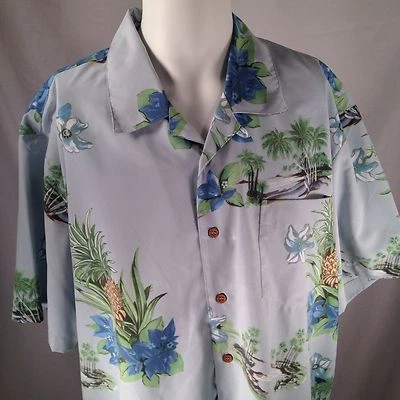 Hawaiian Shirt XL Pineapple Blue Hawaii Island Flowers Matched Pocket Tags  - Image 1 of 4