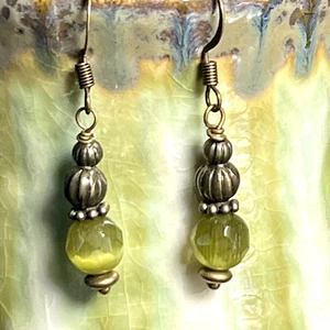 Bronze Tone Czech Picasso Green Glass Beaded Dangle Earrings. S599 - Picture 1 of 3