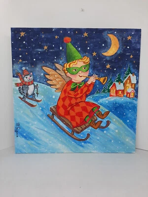 Elfo de Navidad pintado a mano acrílico sobre lienzo, sin marco Foto 1 de 4