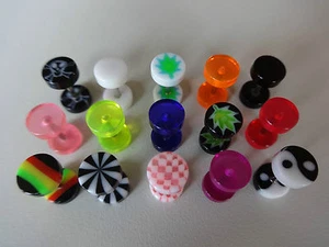 2 Acryl Fake Plug Ø 6mm Ying Yang Skull Lolli POP Cannabis Checker Neon Color - Bild 1 von 17