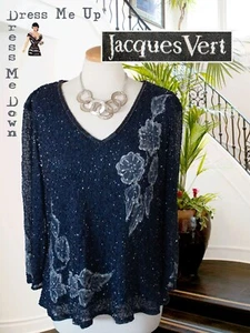 Jacques Vert Navy Beaded Floral Detail Top Blouse Cruise Formal Wedding Size 18 - Picture 1 of 7