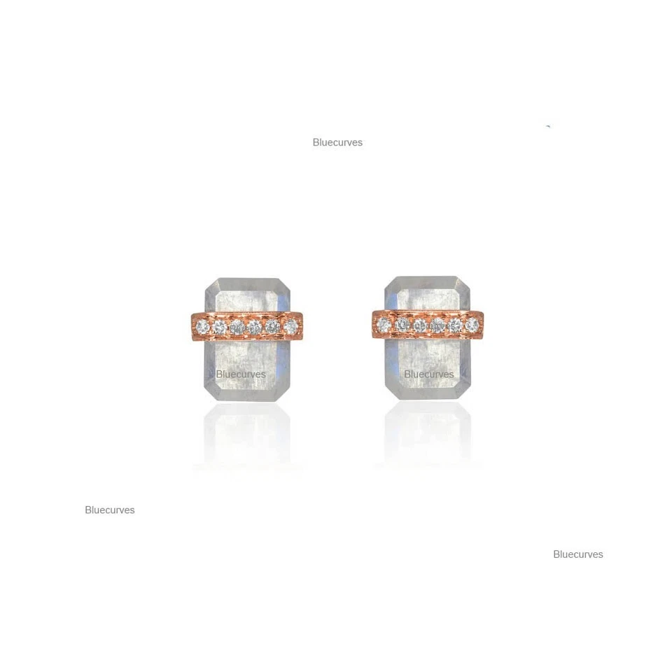 Pendientes de oro de 14 k con banda de diamantes reales y piedras lunares talla esmeralda envueltos alrededor Foto 1 de 3