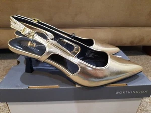 Worthington Safira Gold Kitten Heels Größe 7m spitz zulaufend verstellbarer Riemen schön - Bild 1 von 10