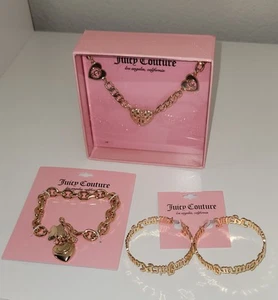 Set Of Juicy Couture Necklace, Earrings & Charm Bracelet -Puff Heart Gold tone - Picture 1 of 6
