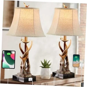 Antler Table Lamps Set of 2 with USB A+C Antler Table Lamps with Bell Lampshade - Picture 1 of 8