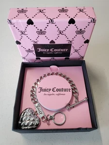 Juicy Couture Silber Knebel Armband gesteppt Herz Charm Strass Neu im Karton Y14725A - Bild 1 von 11