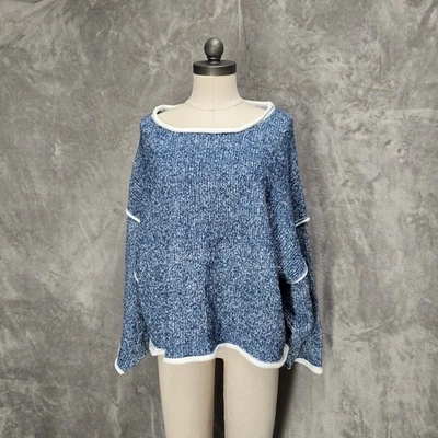 Suéter POL Mujeres L Azul Cuello Redondo Tejido Moteado Gran Tamaño Flecos Slouchy Acogedor Foto 1 de 4