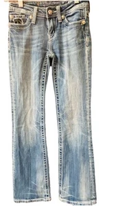 Miss Me Low Rise Boot Cut Jeans Y2K Peace Embroidery Medium Wash Girl’s Size 12 - Picture 1 of 9