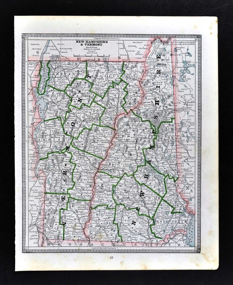 Mapa George Cram c 1883 - Vermont New Hampshire Montpelier Concord Mt. Washington Foto 1 de 1