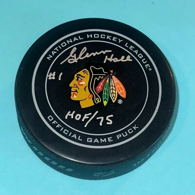 GLENN HALL Firmado BLACKHAWKS JUEGO Oficial Puck Beckett Auténtico (BAS) e Inscripción HOF Foto 1 de 3