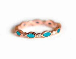 Natural Turquoise Diamonds Eternity Wedding Ring 14k Gold Finish Silver - Picture 1 of 2
