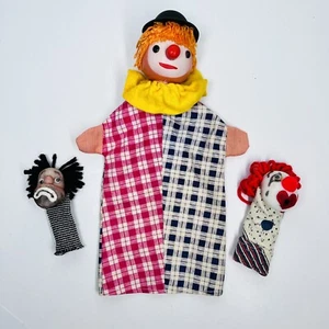Vintage Wood Head Clown Hand Puppet & Set Of Finger Puppets Handmade Folk Art - Picture 1 of 13