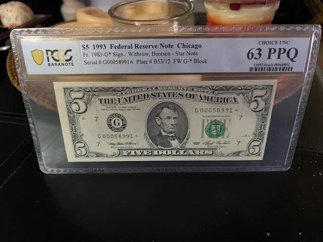 1993 $5 Five Dollars FRN Chicago, Star Note, PCGS 63 PPQ Fr. 1983-G* G 00058991* - Image 1 of 3