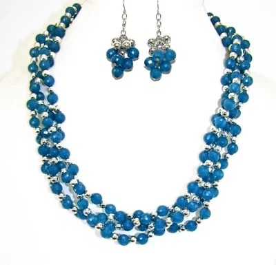 Aqua 蓝色和银色珠子多股项链和耳环套装 - 全新 — 第 1/4 张图片