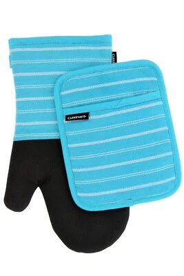 Juego de guante/guante y soporte para horno de cocina Cuisinart, rayas de sarga - azul Curazao Foto 1 de 4