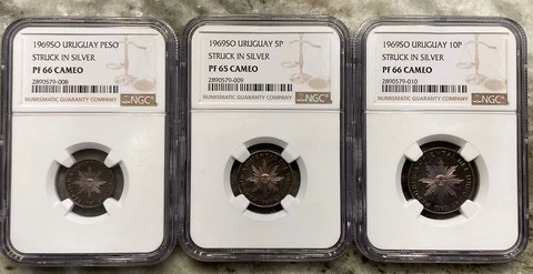 1969 Uruguay 1,5, 10 Peso Proof Silver Pattern Coin Set NGC Graded Rare Sun Face Cover