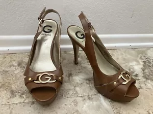 G By Guess Y2K Vintage Faux Leather Brown Stilettos Sling Heels Platform Size 8 - Picture 1 of 7