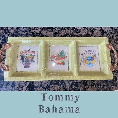 Tommy Bahama-Ceramic 3 Section Appetizer Dish-Green Tropical Designs-NEW - Image 1 of 4