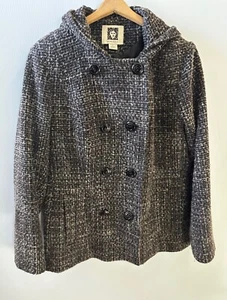 AK Anne Klein Women's Wool Blend Gray Pea Coat Size Large Hooded - Picture 1 of 2