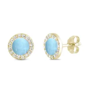 Halo Yellow Gold Plated Natural Larimar & Cz Stud Halo .925 Sterling Silver Earr - Picture 1 of 2