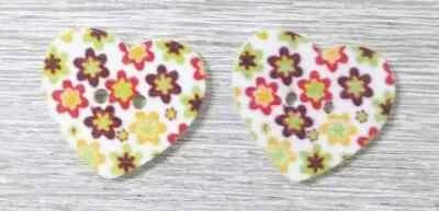 flower heart wood sewing buttons 2 holes 1 inch yellow blue red #3 2pc set - Image 1 of 2