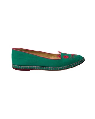 Charlotte Olympia Cat Espadrilles in Green Cotton - Image 1 of 4