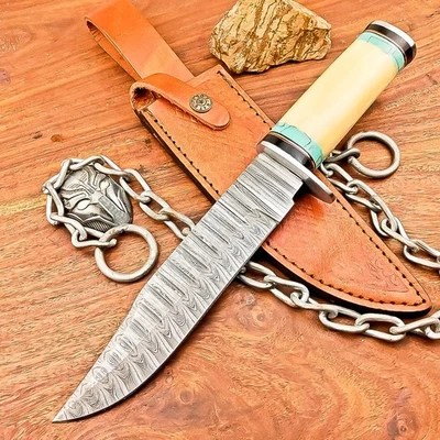CUSTOM Handmade DAMASCUS STEEL KNIFE Hunting Knife Bowie KNIFE W/SHEATH IS-7392 - Image 1 of 4