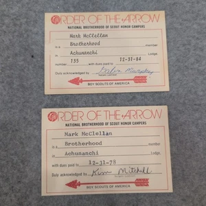 2 tarjetas de membresía de Boy Scout Order of the Arrow 1978 1984 Achunanchi de colección - Imagen 1 de 2