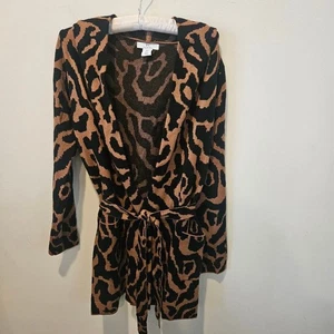 Damen H HALSTON Strickjacke S schwarz braun Leopardenmuster Kapuze, Gürtel - Bild 1 von 9