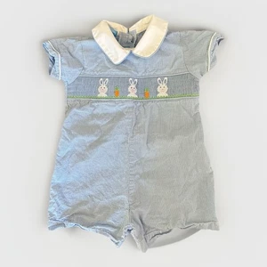Anavini Hand Smocked Size 9 Month Blue White Bunny Jon Jon Romper - Picture 1 of 6