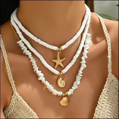 3er Set Damen Halskette-Sommer Strand Ozean-Stil- weiche Keramik weiße Ketten - Bild 1 von 3