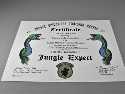 Jungle Warfare Expert School Course Replacement Certificate Army Marines Navy