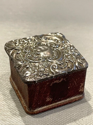 Antique Sterling Repousse and Leather Desk Top Postage Stamp Case Cover