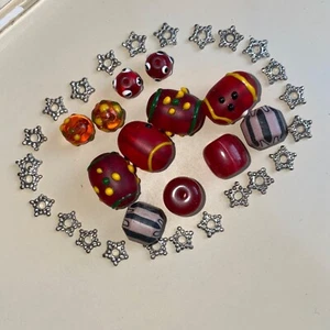 Beads and Stars, red & gray beads with beautiful patterns and small silver stars - Picture 1 of 8
