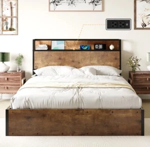 Full Size Lift Up Storage Bed Frame w/ Charging Station Brown Wayfair New In Box - Picture 1 of 9