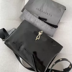 AllSaints Sheringham Shoulder Bag Premium Leather Black Gold Glossy Finnish - Picture 1 of 4